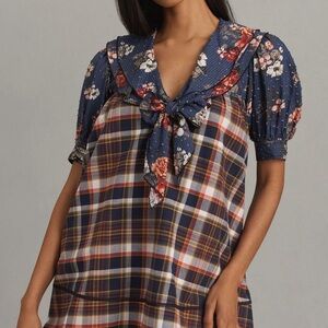 Anthropologie Navy Floral Plaid Blouse